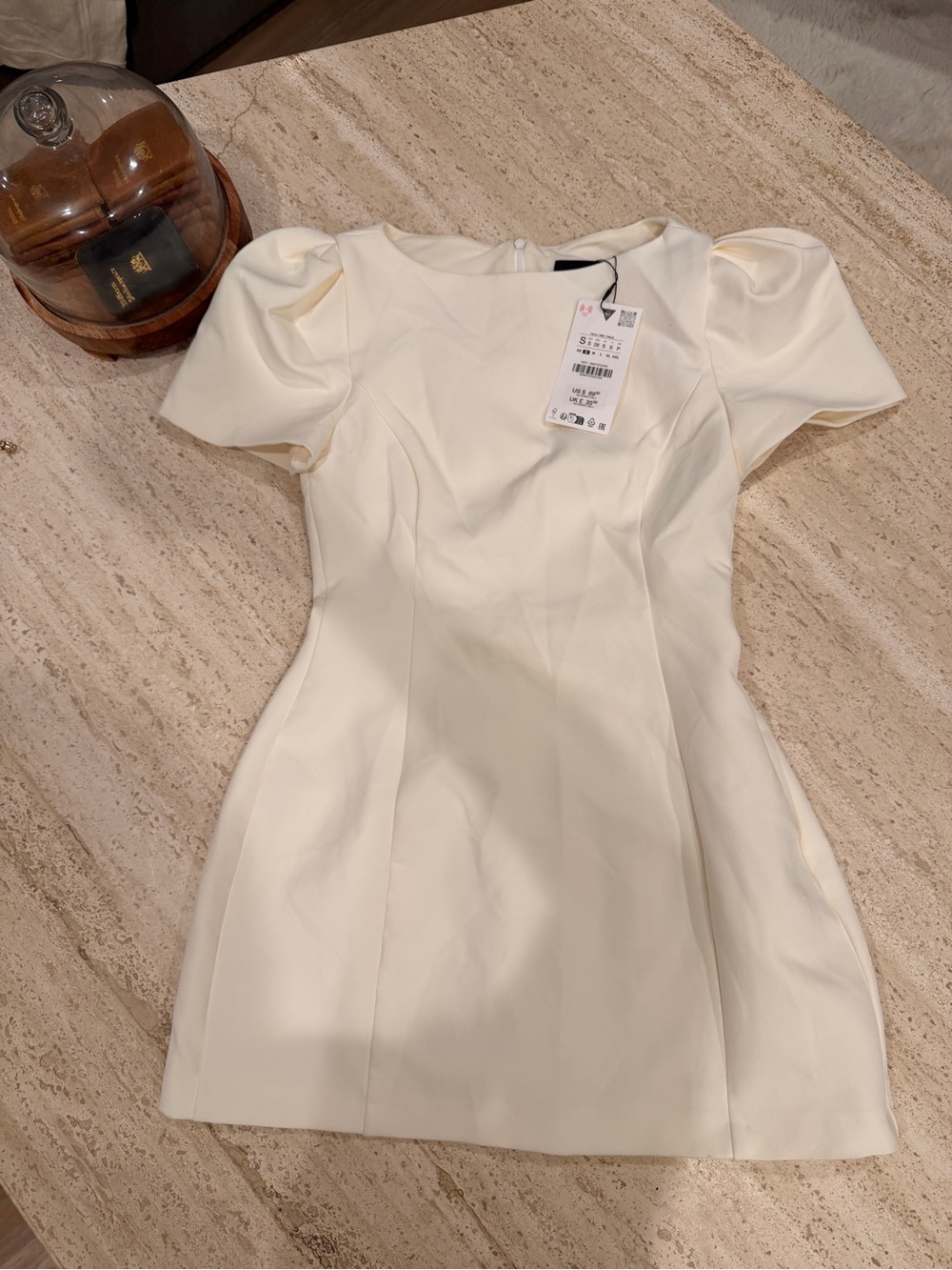 Zara Cream Short Puff-Sleeve Structured Dress